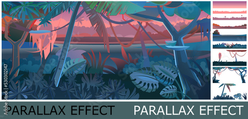 Jungle tree. Morning sunrise dawn or evening sunset. Image from layers for overlay with parallax effect. Tropical forest panorama. Southern Scenery. Illustration in cartoon style flat design. Vector.