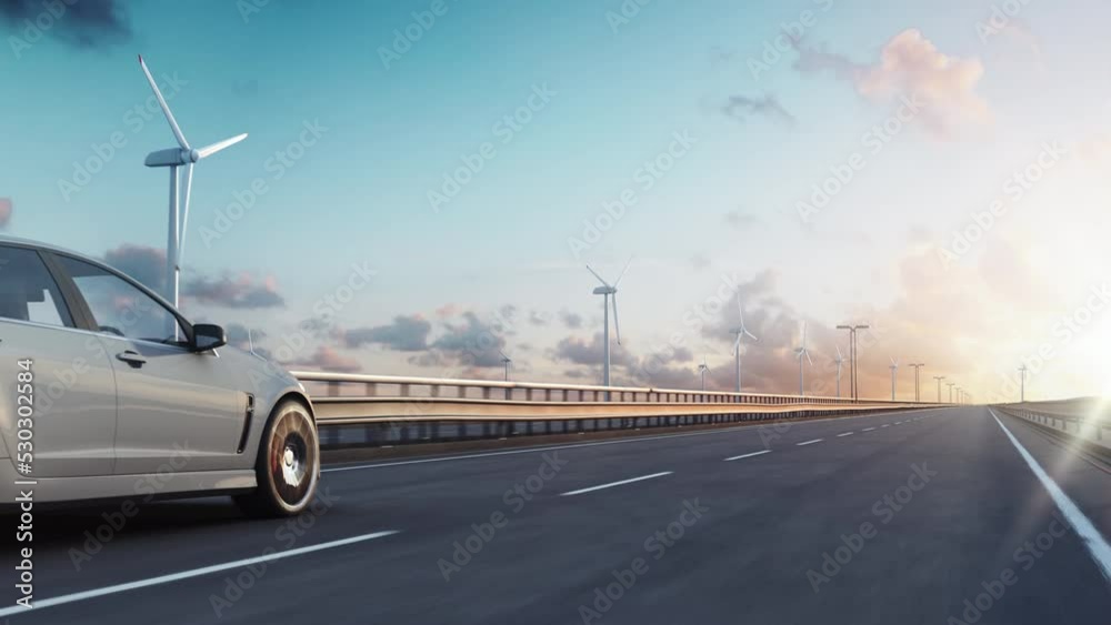 3D render of generic electric car drives on a highway with wind turbines in the background at sunset. Realistic 3d animation.