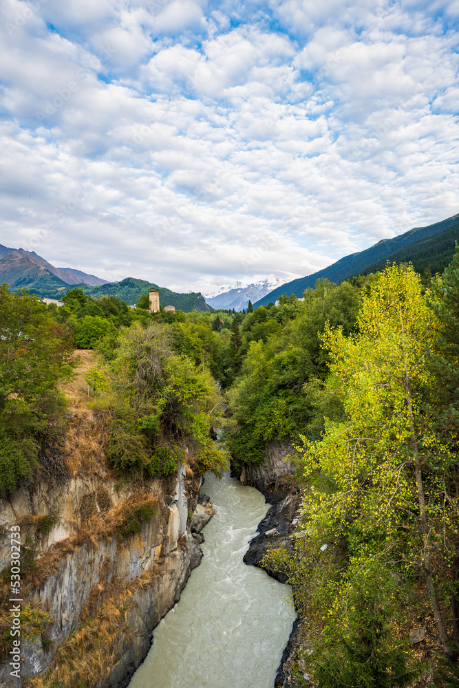 Mestia landscape with Svan towers, mountains in Svaneti region, Georgia. Mestia in Svaneti region is a popular sightseeing destination for tourists in Georgia. Mestia landscape with Svan towers, mountains in Svaneti region, Georgia. Mestia in Svaneti region is a popular sightseeing destination for tourists in Georgia.