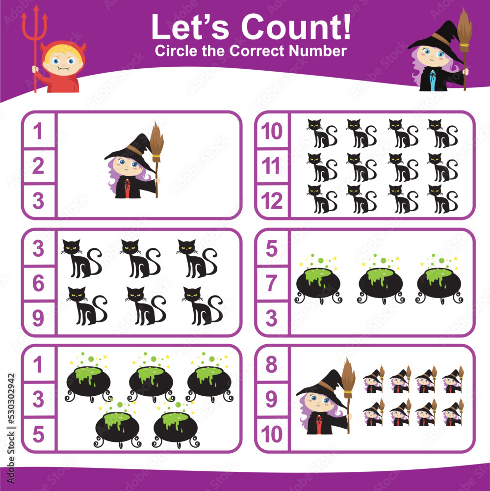 Counting worksheet for preschool and kindergarten students in Halloween theme. Teaching children how to count and match images with the number. Fun educational printable basic math for children. 