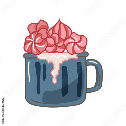 Mug with drink and marshmallows. Vector illustration isolated on white background.