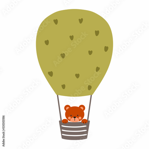 Cute bear cub is flying in air balloon. Vector isolated illustration. Poster to nursery. Decor of postcard.