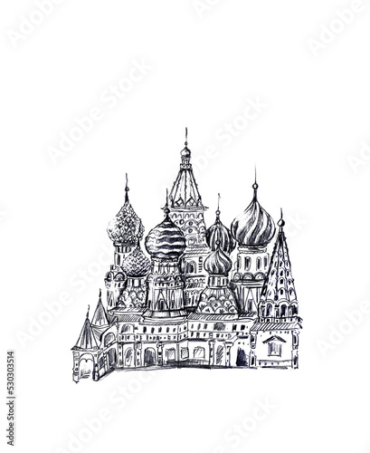 Hand drawn sketch of St. Basil’s chathedral on the Red square photo
