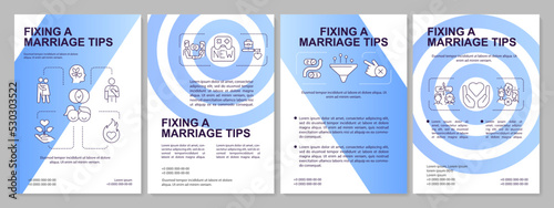 Saving broken marriage tips blue gradient brochure template. Communication. Leaflet design with linear icons. 4 vector layouts for presentation, annual reports. Arial, Myriad Pro-Regular fonts used