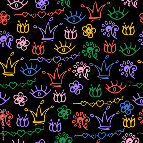 Colorful seamless pattern. Hearts, eyes, flowers, crowns. Fun colorful line doodle shape background. Black backdrop.