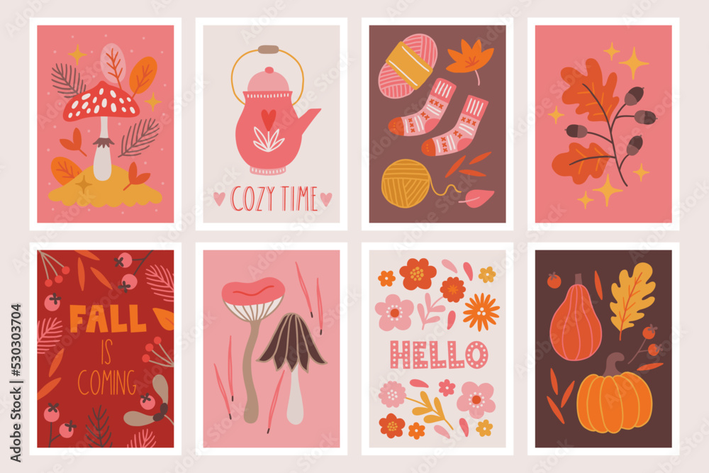 Autumn greeting cards with leaves, mushroom, teapot, socks, flowers, pumpkins