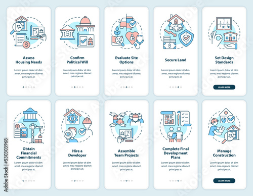 Tips for housing development onboarding mobile app screen set. Walkthrough 5 steps editable graphic instructions with linear concepts. UI, UX, GUI template. Myriad Pro-Bold, Regular fonts used