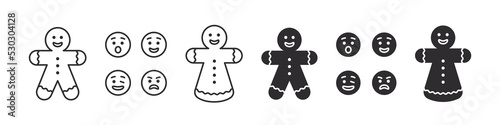 Gingerbread man with different emotions on his face. Collection of Christmas icons on white background. Vector illustration