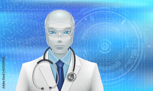 Doctor robot in a medical coat and a stethoscope.