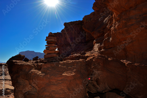 Amazing desert landscape. Beautiful landscape of desert mountains. Monolithic mountains in the central part of the desert. Wadi Rum, Jordan.