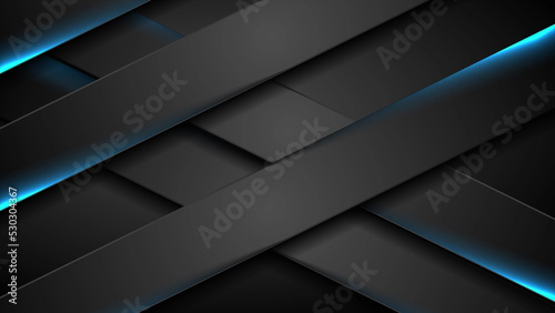 Abstract black stripes with blue neon glowing light background