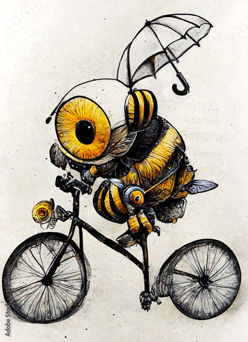 A bee on a bicycle ink style drawing by AI photo