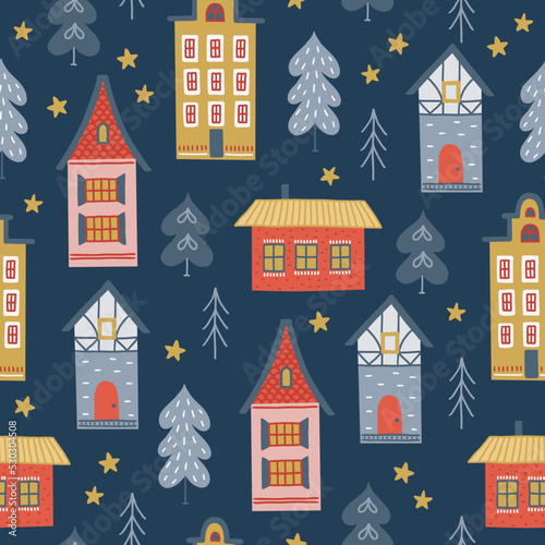 Chrisrmas seamless pattern with houses, stars and fir trees