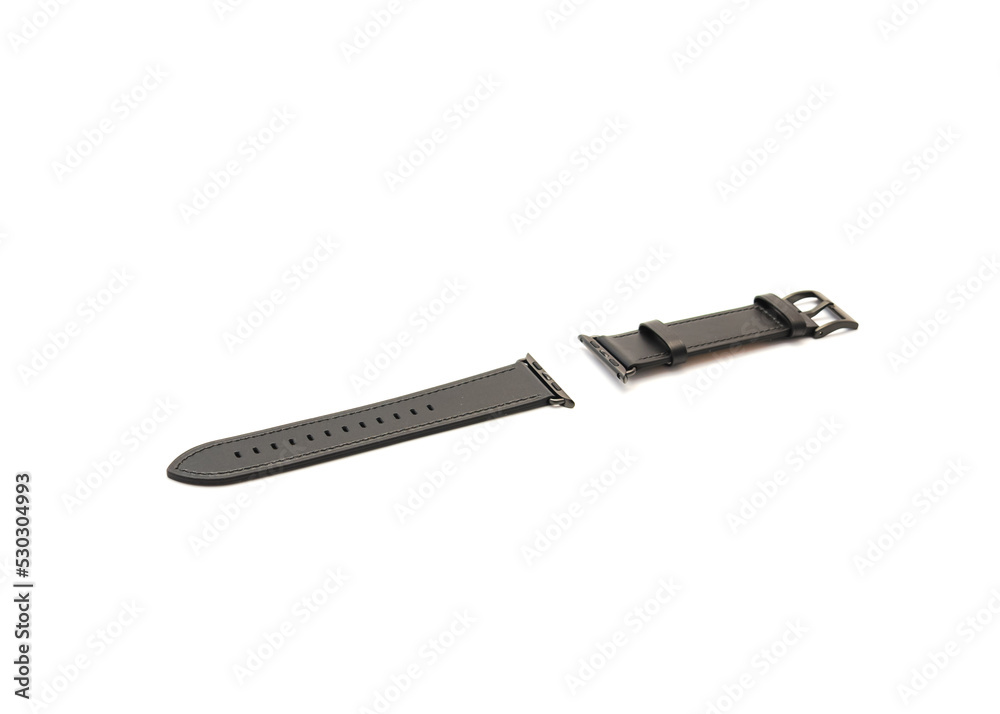 Two pieces of brand new leather band with straps for smart watch isolated on white background. Black watch band with stainless steel buckle Two pieces of brand new leather band with straps for smart watch isolated on white background. Black watch band with stainless steel buckle