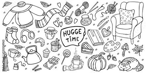 Hugge time Set. Autumn Fall hand-drawn outline doodles Vector Illustration. Home activities, hobbies: reading, drawing, knitting, sewing, eating, tea coffee drinking