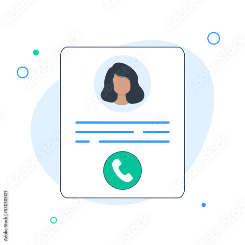 Personal info data, user or profile card details symbol with call icon. Flat design, vector illustration