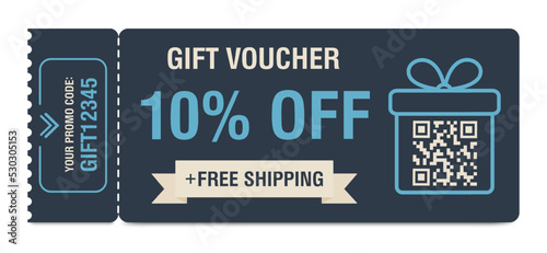 Discount coupon 10 percent off. Gift voucher with percentage marks, qr code and promo codes for website, internet ads, social media. Vector illustration