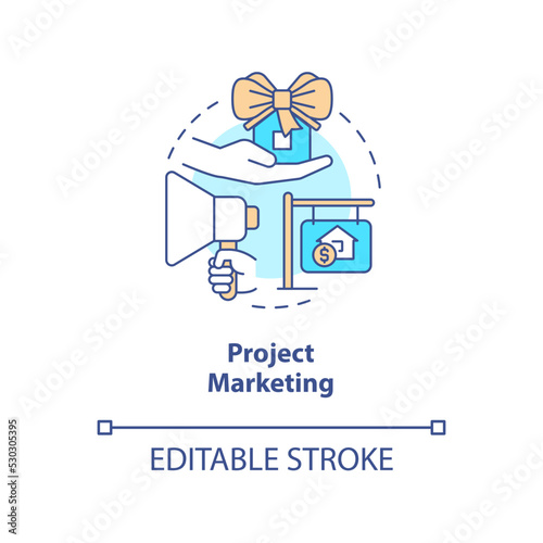 Project marketing concept icon. Advertising campaign. Real estate development abstract idea thin line illustration. Isolated outline drawing. Editable stroke. Arial, Myriad Pro-Bold fonts used