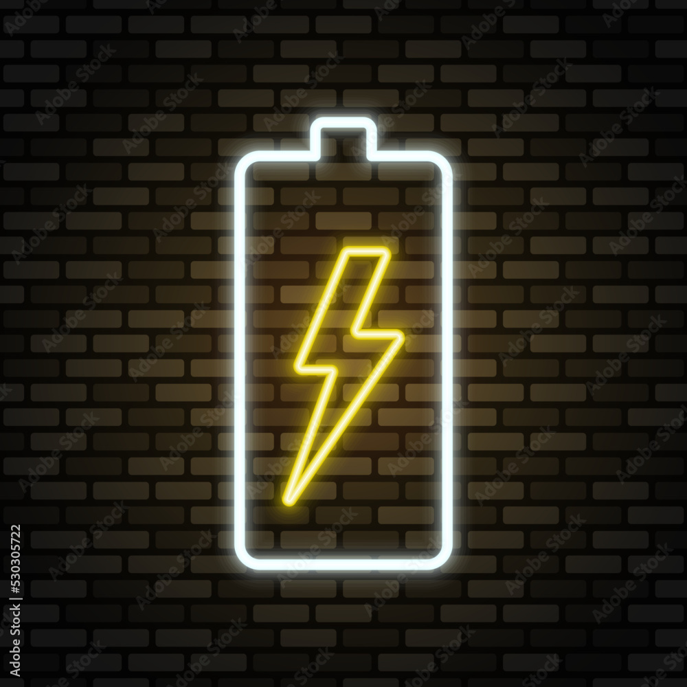 Charging neon icon. Neon sign in white and yellow colors on dark brick wall. Best for polygraphy, mobile apps and web design. Charging neon icon. Neon sign in white and yellow colors on dark brick wall. Best for polygraphy, mobile apps and web design.