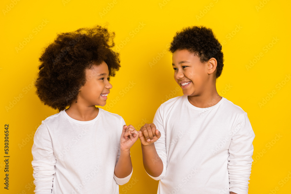 Φωτογραφία Photo of sweet friendly schoolboy schoolgirl wear white shirts holding small fin