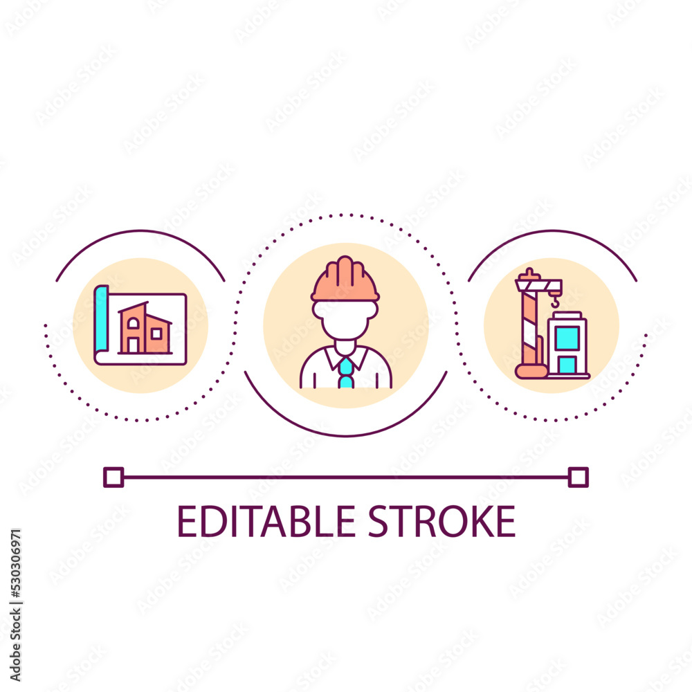 Construction site engineer loop concept icon. Building and infrastructure development. Technology abstract idea thin line illustration. Isolated outline drawing. Editable stroke. Arial font used Construction site engineer loop concept icon. Building and infrastructure development. Technology abstract idea thin line illustration. Isolated outline drawing. Editable stroke. Arial font used