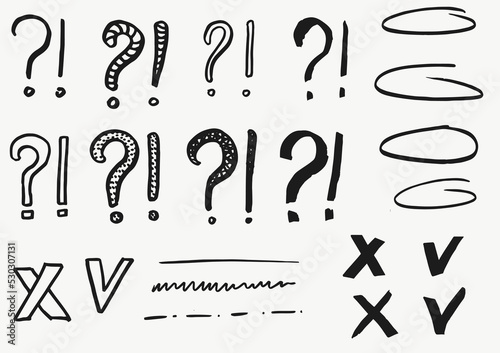 Tick, cross, exclamation marks and question marks. Hand drawn set. Vector, isolated on white background