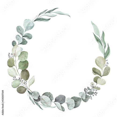 Watercolor eucalyptus wreath. Beautiful floral frame with tender foliage