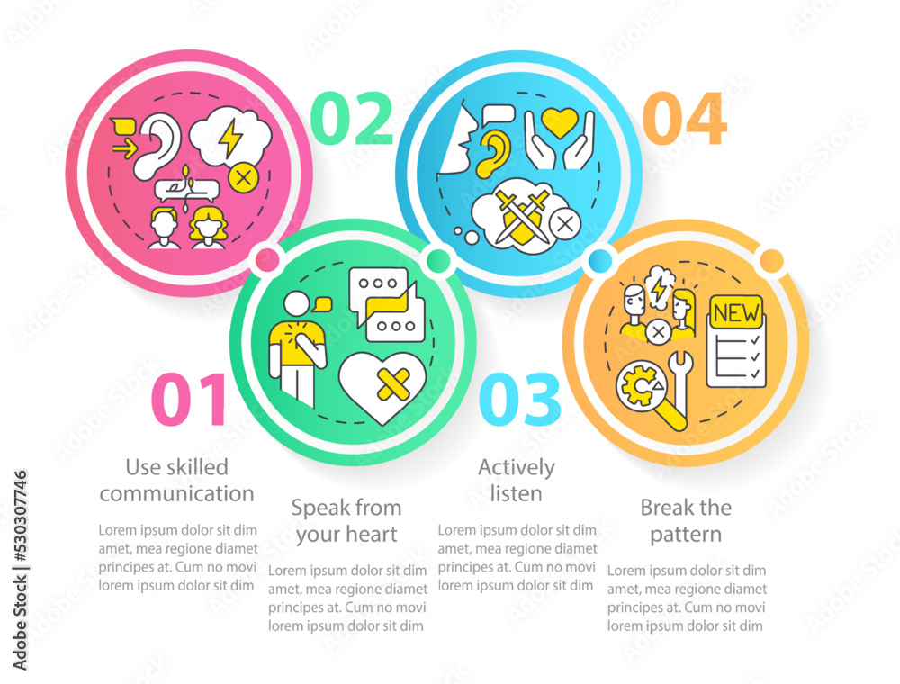 Reconnecting after huge fight circle infographic template. Break pattern. Data visualization with 4 steps. Editable timeline info chart. Workflow layout with line icons. Myriad Pro-Regular font used Reconnecting after huge fight circle infographic template. Break pattern. Data visualization with 4 steps. Editable timeline info chart. Workflow layout with line icons. Myriad Pro-Regular font used