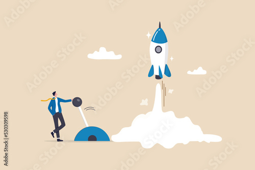 Start your own business, launch success rocket or entrepreneur, startup project or boost company growth, invention concept, ambitious businessman entrepreneur push switch to launch rocket into sky. photo