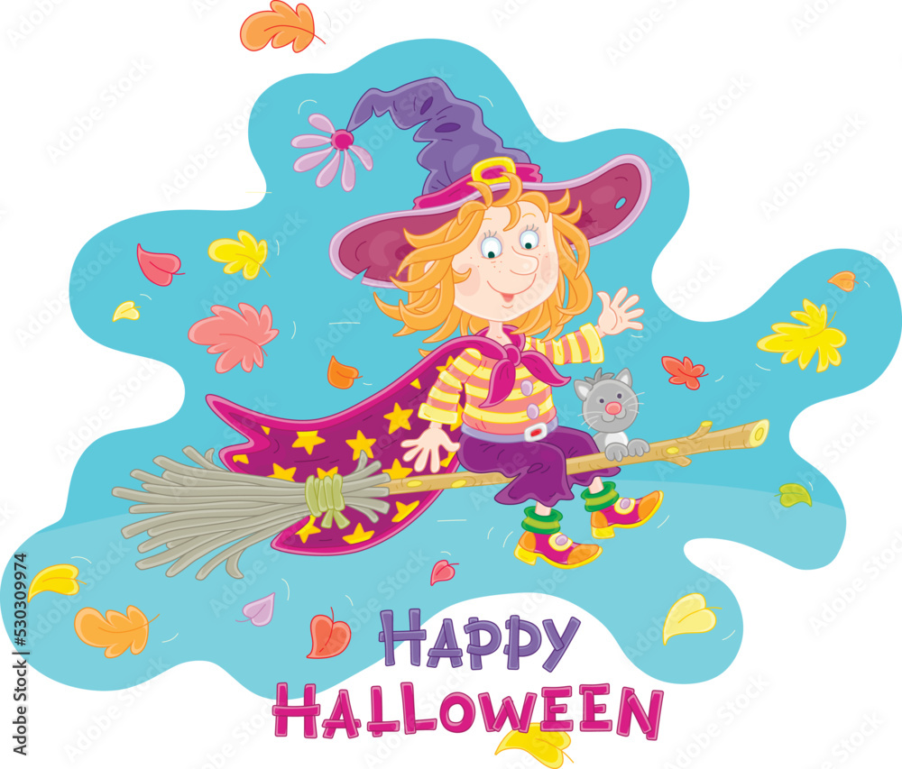 Happy little Halloween witch with a big hat and a cloak with stars flying among falling autumn leaves on her magic broom with a funny small cat, vector cartoon greeting card