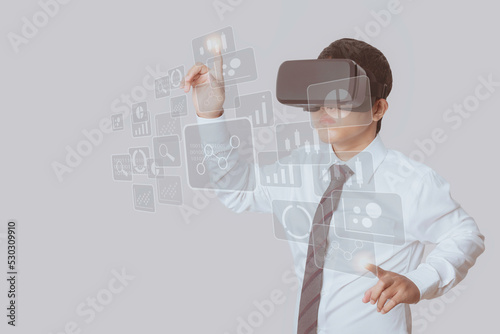 Man wearing VR Headset Global business connection metaverse. Business global internet connection application technology and digital marketing. photo