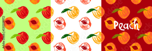 Peach seamless pattern. Vector nectarine wallpaper. Sketch art  peach background for organic baby food label, yogurt packaging design, vegan banner, fruity ornament. Apricot backdrop for jam package.