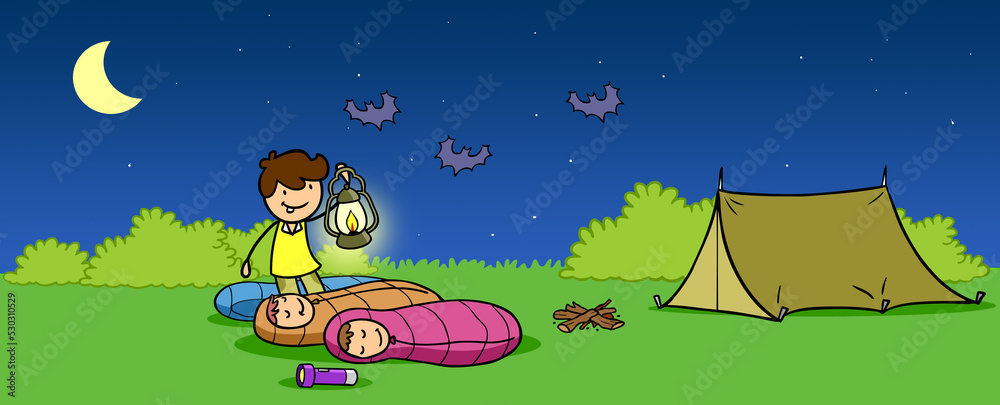 Naklejka premium Kind weckt schlafende Eltern im Schlafsack beim Camping