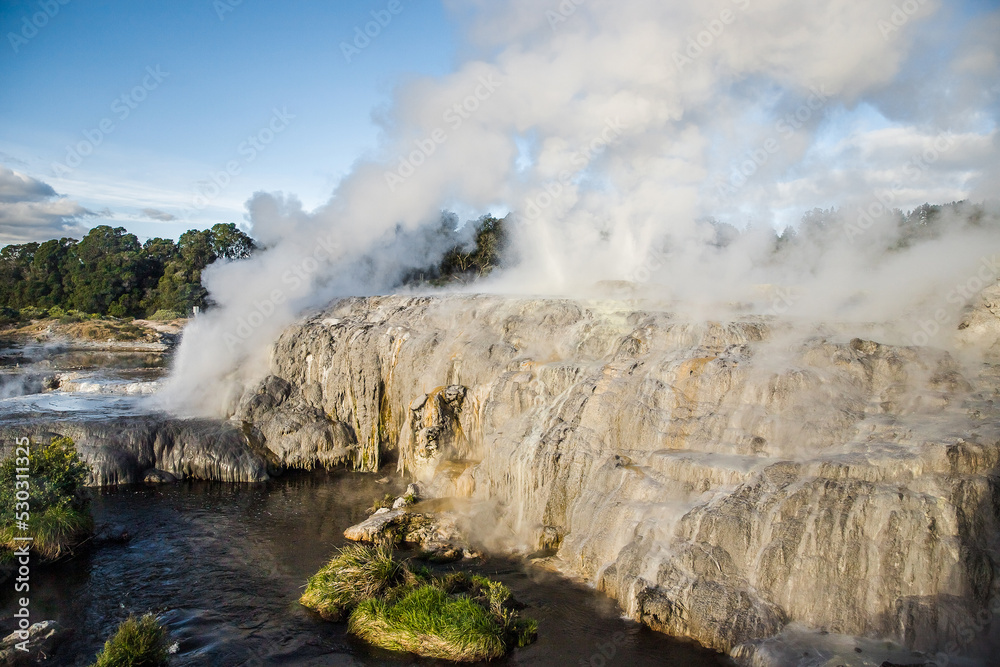 geothermal volcanic park with geysers and hot streams, scenic landscape, te piua national park, rotorua, new zealand. High quality photo
