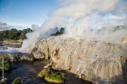geothermal volcanic park with geysers and hot streams  scenic landscape  te piua national park  rotorua  new zealand. High quality photo
