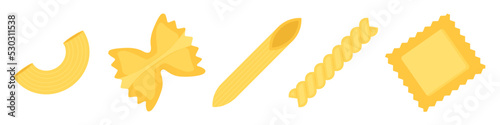 set of italian pasta icons: macaroni, farfalle, penne, fusilli, ravioli - vector illustration