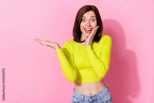 Portrait of crazy impressed lady arm palm touch cheek hold empty space offer isolated on pink color background