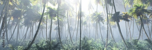 Palm trees in the rays of the morning sun, jungle in the fog, jungle in the morning haze, 3d rendering