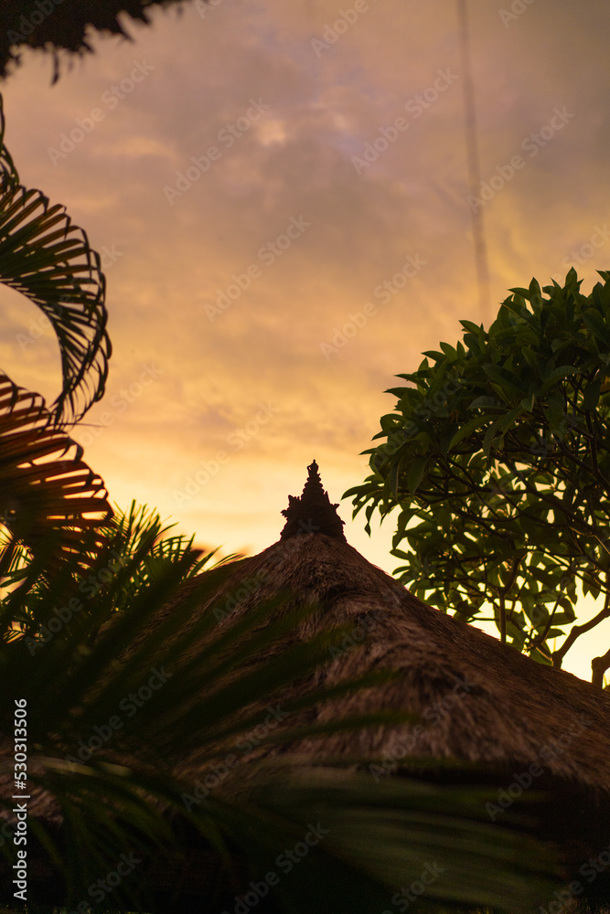 Balinese roof and palm tree at sunrise, background.