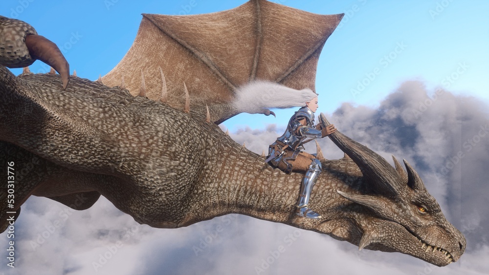 White haired female warrior knight flies on a dragon above the clouds ...