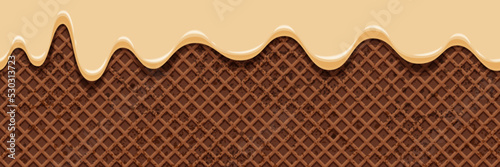 Ice cream melted on the background of chocolate wafers. Seamless texture of waffle and flowing sweet cream. Cake. Vector illustration of ice cream cone, crispy snack, sweet food