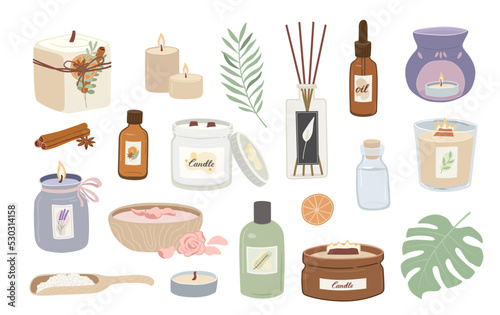 Collection of aromatherapy and spa accessories on white background. Scented candles, aroma diffuser , essential oil vector illustration