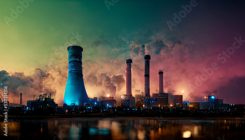 Nuclear power plant with smokestacks emit rising smoke  symbolizing energy production and nuclear risks. 3D illustration and digital painting.