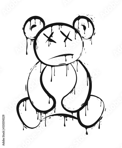 Teddy bear illustration in graffiti street art style that melts and dripping. Vector.