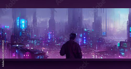 Digital Anime Art Concept. Man Standing In Front Of The Beautiful Modern City Landscape.Concept Art