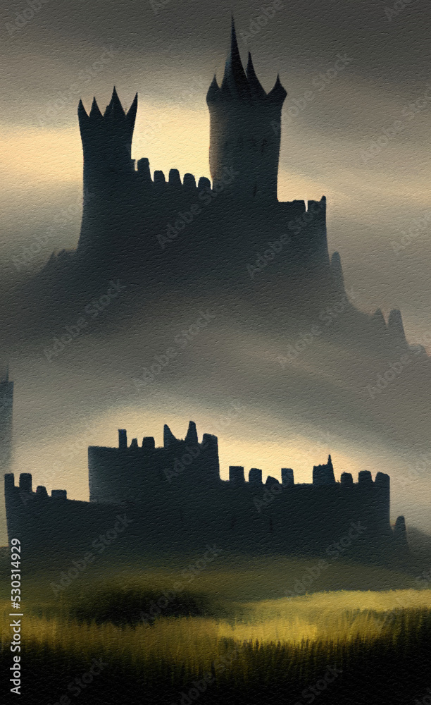 Abstract painting flat illustration of medieval old fantasy castle on the top of mountain. Fort on the rock peak. Mountains and field landscape