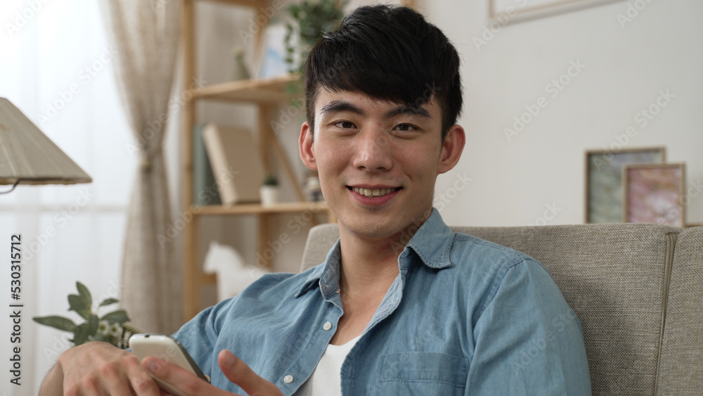 portrait of a smiling asian young male turning head to look at the camera while scrolling on his cell phone on the sofa in a modern living room at home. portrait of a smiling asian young male turning head to look at the camera while scrolling on his cell phone on the sofa in a modern living room at home.