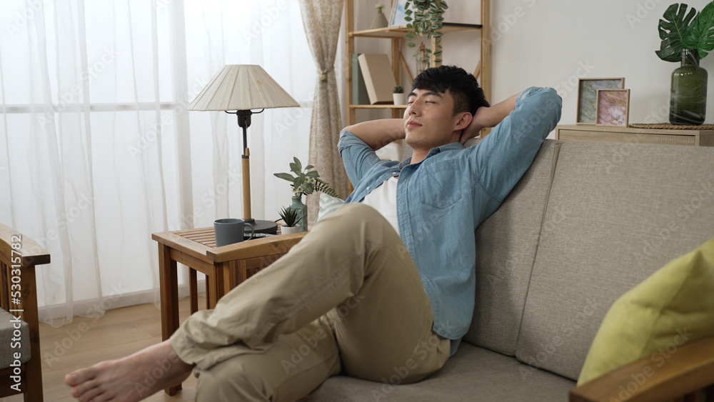 leisure Asian guy is stretching body and placing arms behind head to take a nap with folded legs on comfortable sofa in the living room at home during daytime leisure Asian guy is stretching body and placing arms behind head to take a nap with folded legs on comfortable sofa in the living room at home during daytime