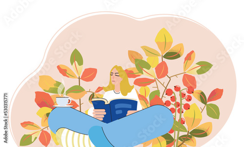Illustration of a girl with blond hair reads a book on a background of autumn leaves. Background, postcard, poster.