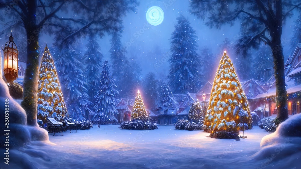 Naklejka premium New Year's winter garden with decorated Christmas trees, lights, garlands. Festive New Year decorations, festive city. Christmas lanterns, decorated street, winter, snow, postcard. 3D illustration